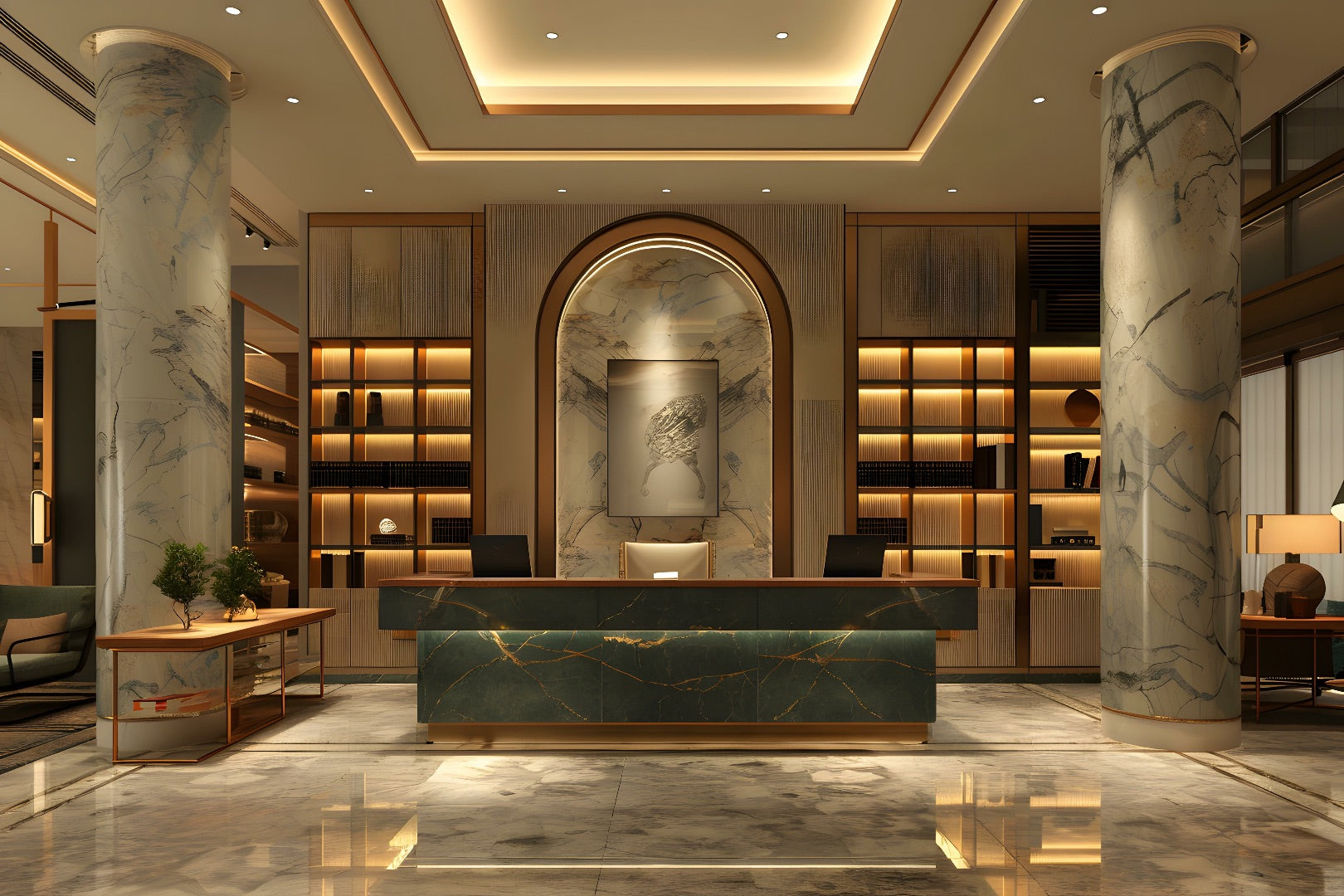 Hotel lobby desk with bookshelves styled with accessories. 